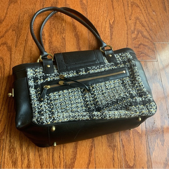 CHARLES DAVID Black Leather Tweed Handbag Shoulder Bag - Picture 2 of 3